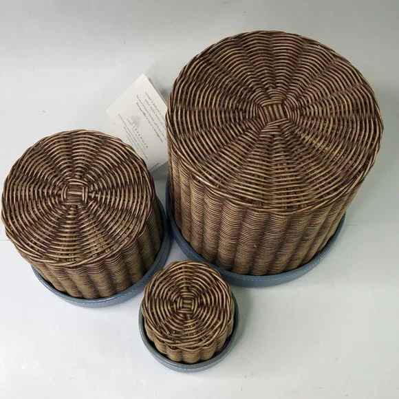 RARE Vintage 2002 Set of 3 LEVENGER Woven Nesting Baskets Stackable Leather Lids - Picture 4 of 8